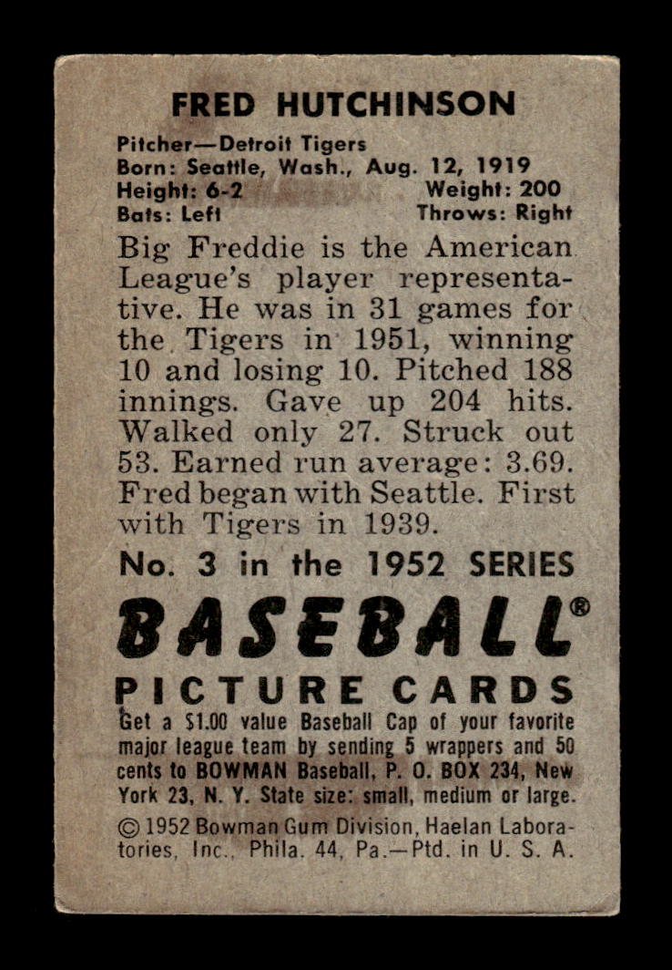 1952 Bowman #3 Fred Hutchinson Very Good HOF-10002099