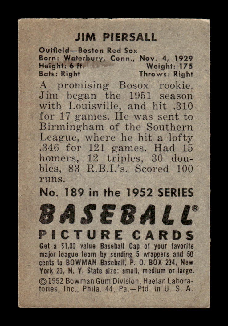 1952 Bowman #189 Jim Piersall Very Good HOF-10002102