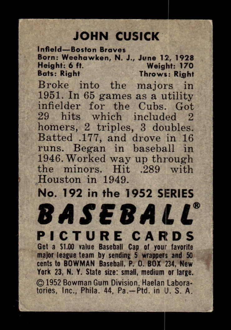 1952 Bowman #192 John Cusick Very Good HOF-10002108
