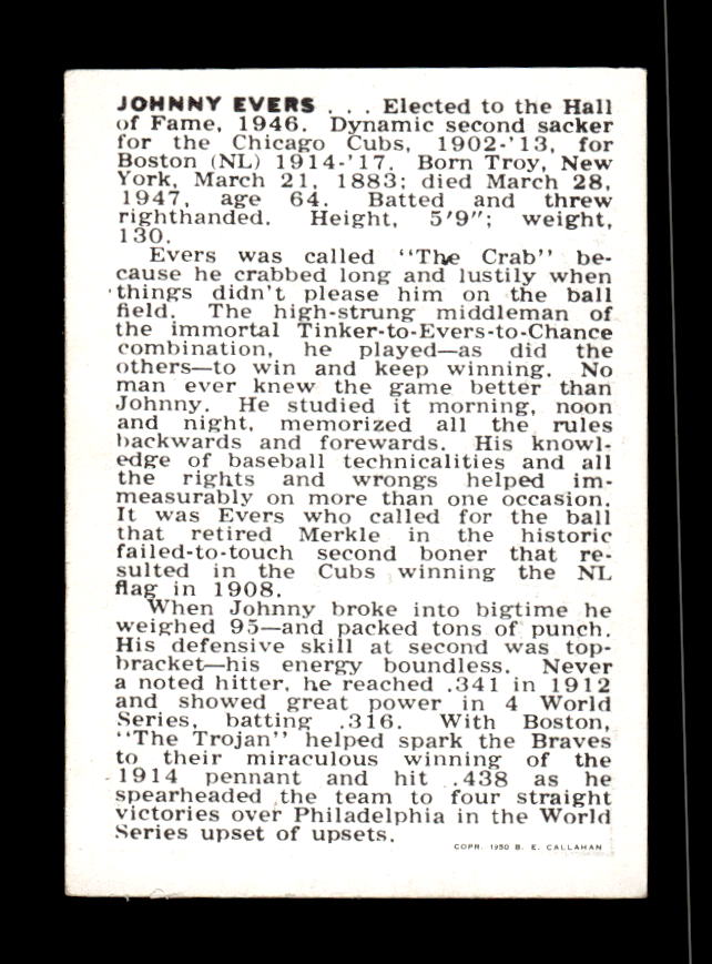 1950-56 Callahan Hall of Fame #NNO Johnny Evers Excellent HOF-10002154