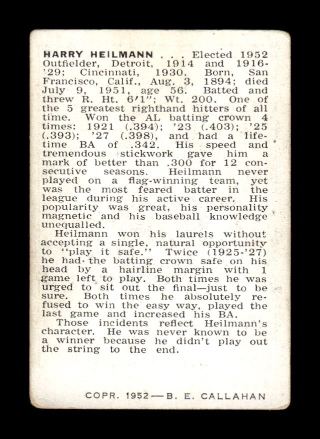 1952 Callahan Hall of Fame Harry Heilmann Incomplete Frame Ex HOF-10002163