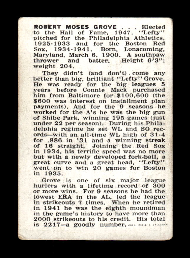 1950-56 Callahan Hall of Fame #NNO Lefty Grove Excellent HOF-10002165