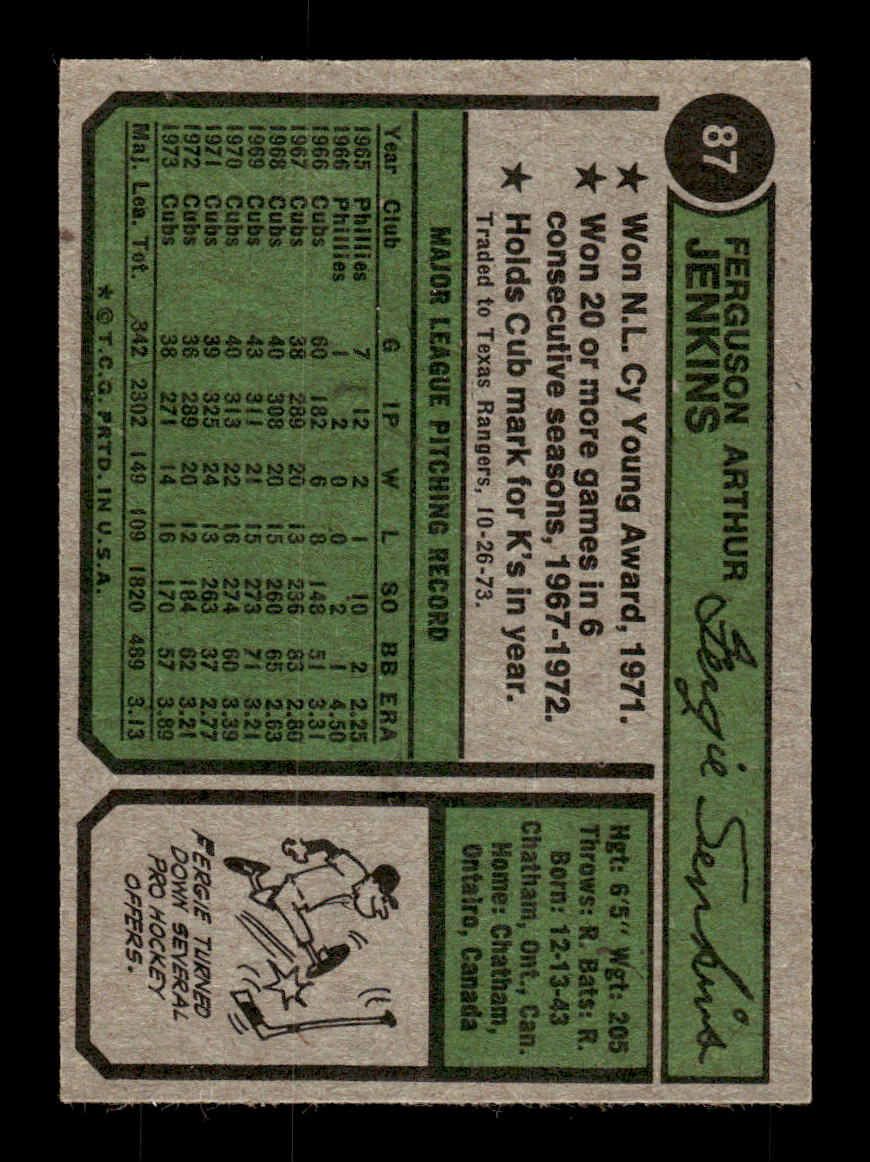 1974 Topps #87 Fergie Jenkins Excellent HOF-10002166