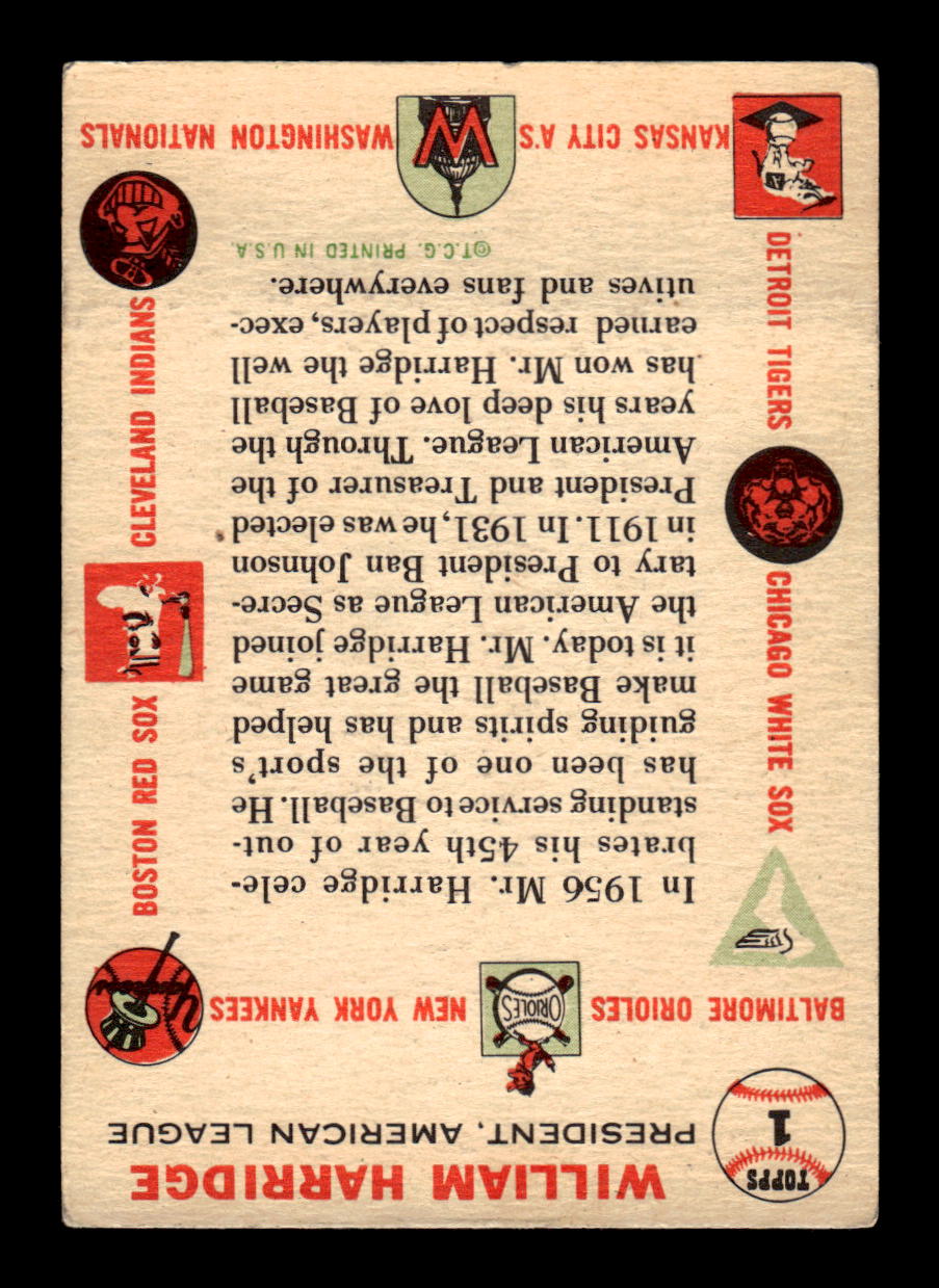 1956 Topps #1 Will Harridge Very Good HOF-10002171