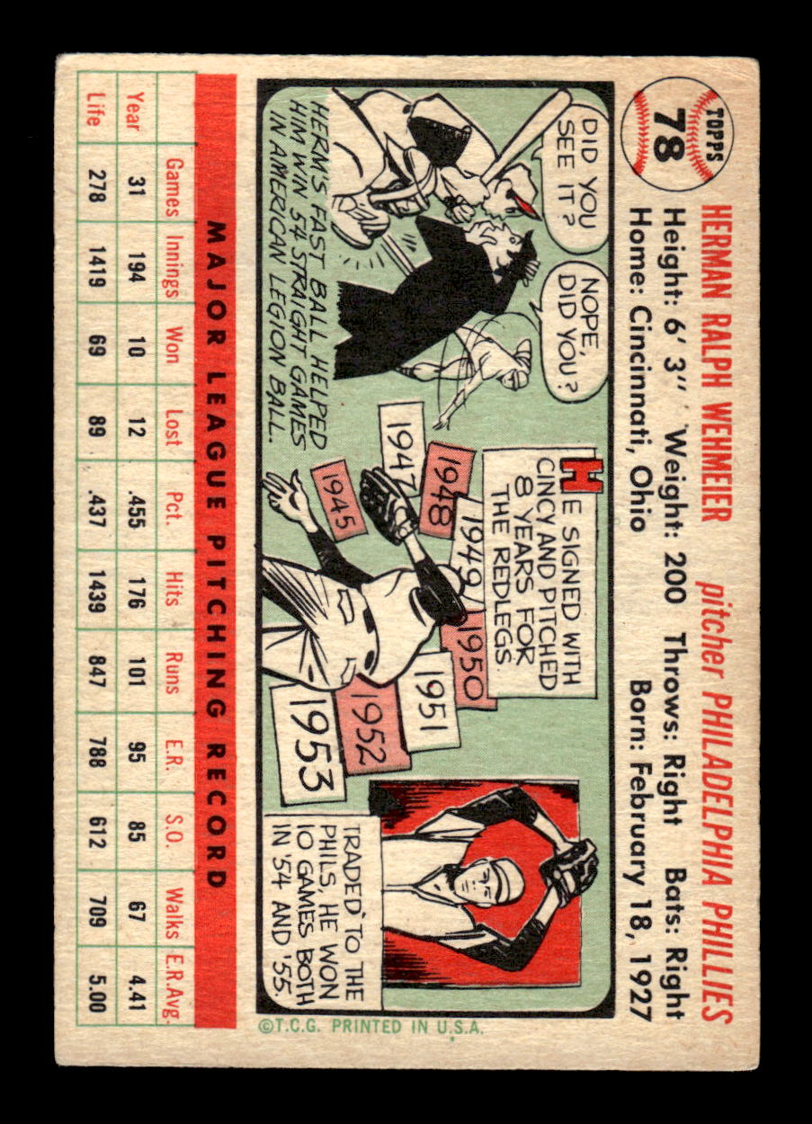 1956 Topps #78 Herman Wehmeier Very Good HOF-10002226