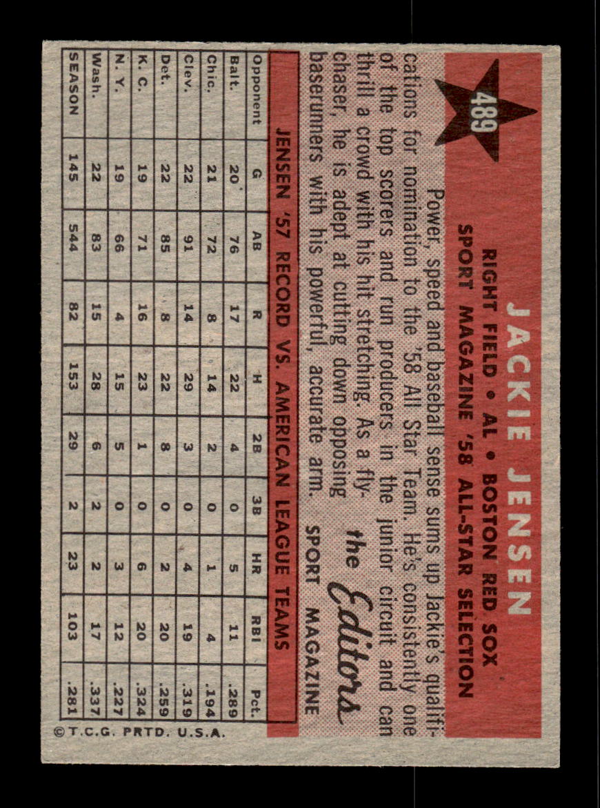 1958 Topps #489 Jackie Jensen Very Good HOF-10002267