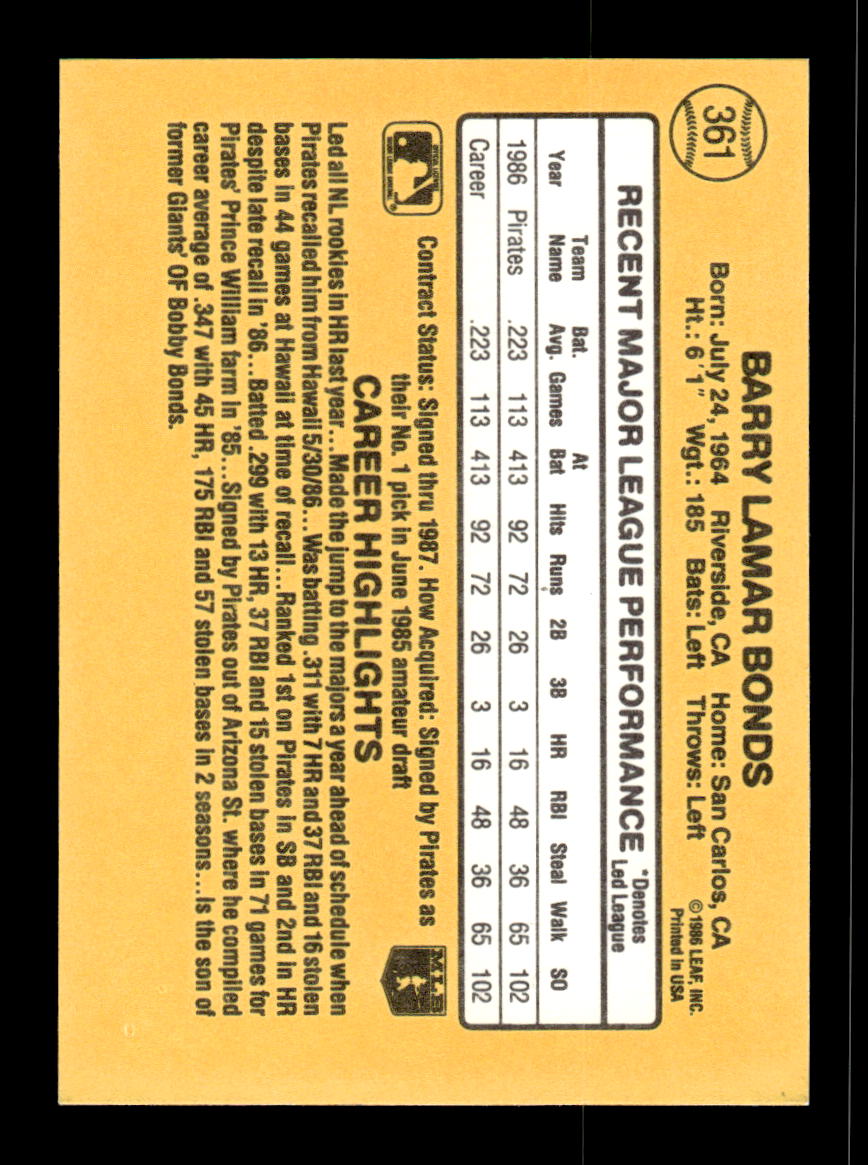 1987 Donruss #361 Barry Bonds Near Mint or Better HOF-10002294