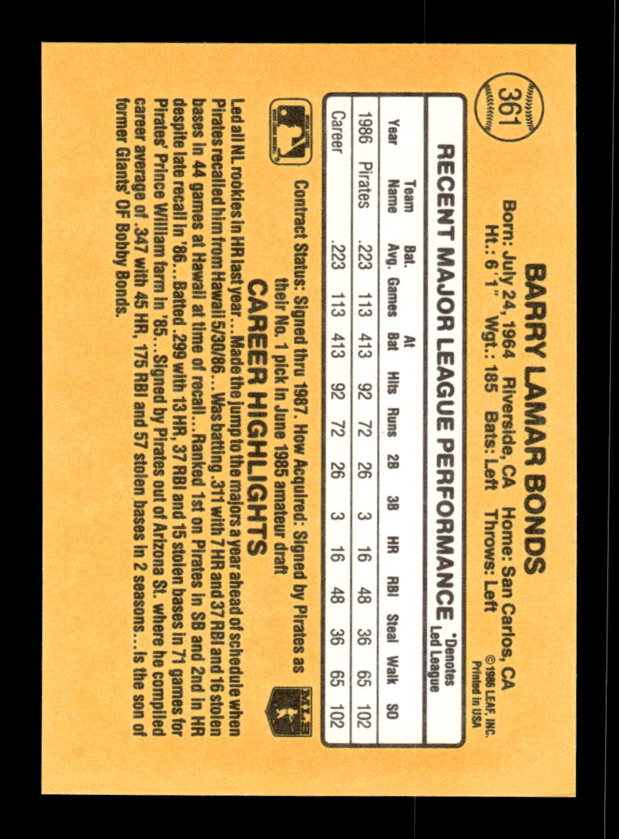 1987 Donruss #361 Barry Bonds Near Mint or Better HOF-10002297