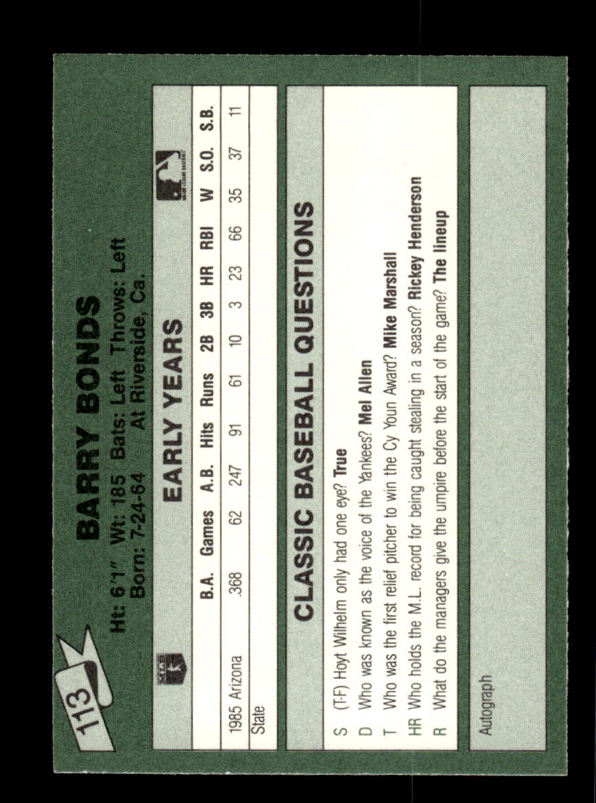 1987 Classic Yellow/Green #113 Barry Bonds Near Mint HOF-10002299