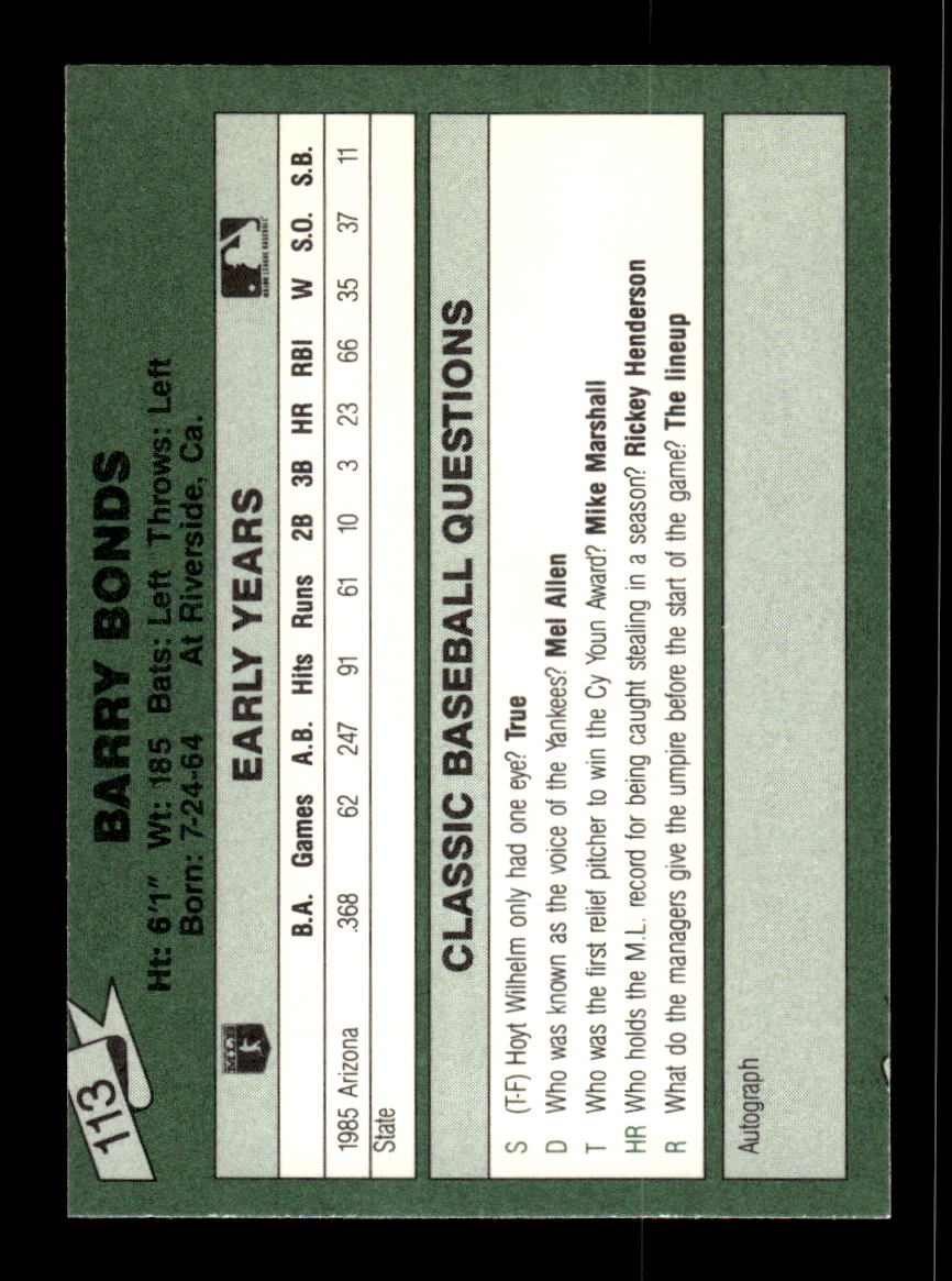 1987 Classic Yellow/Green #113 Barry Bonds Near Mint HOF-10002300