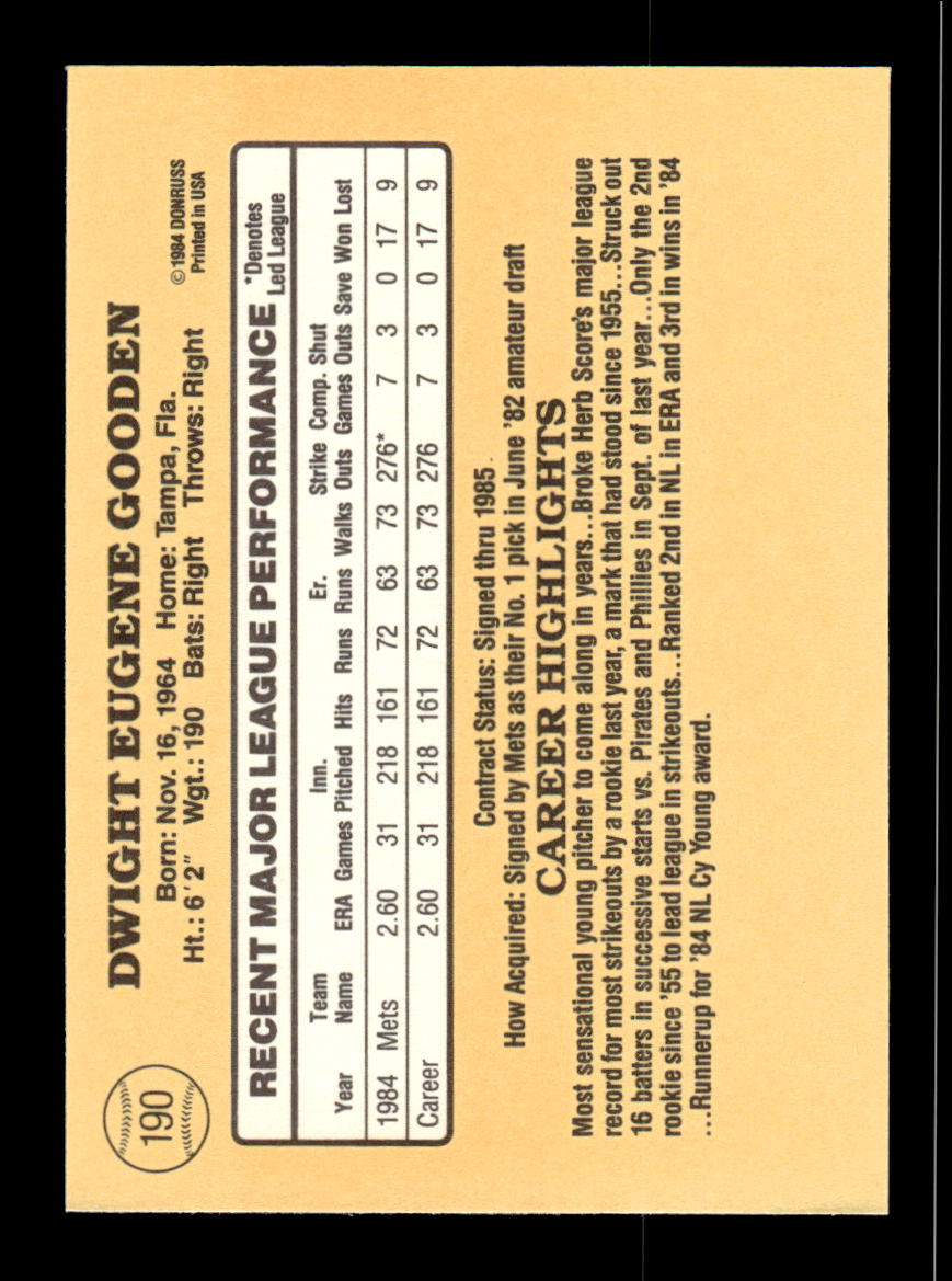 1985 Donruss #190 Dwight Gooden Near Mint or Better HOF-10002304