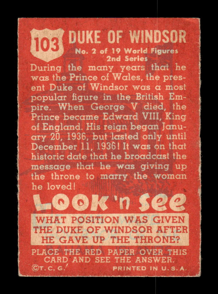 1952 Topps Look 'n See (R714-16) #103 Duke of Windsor Excellent HOF-10002328