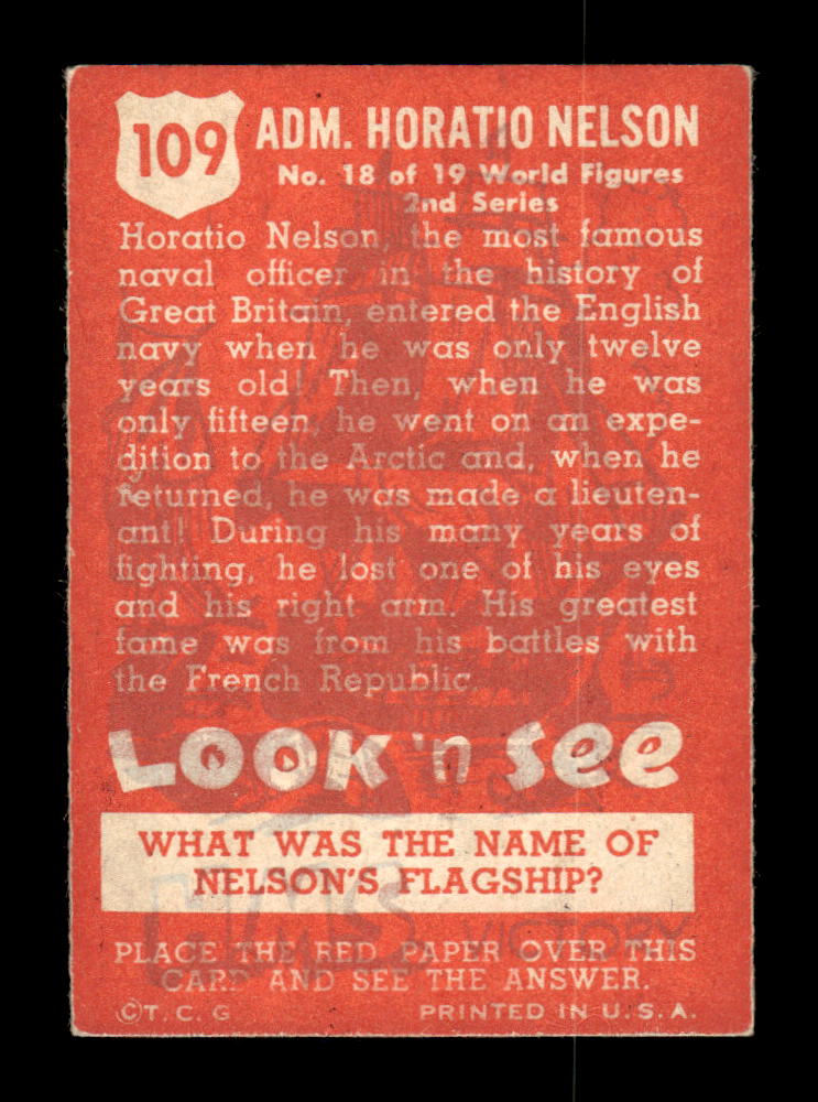 1952 Topps Look 'n See (R714-16) #109 Admiral Horatio Nelson Ex HOF-10002329