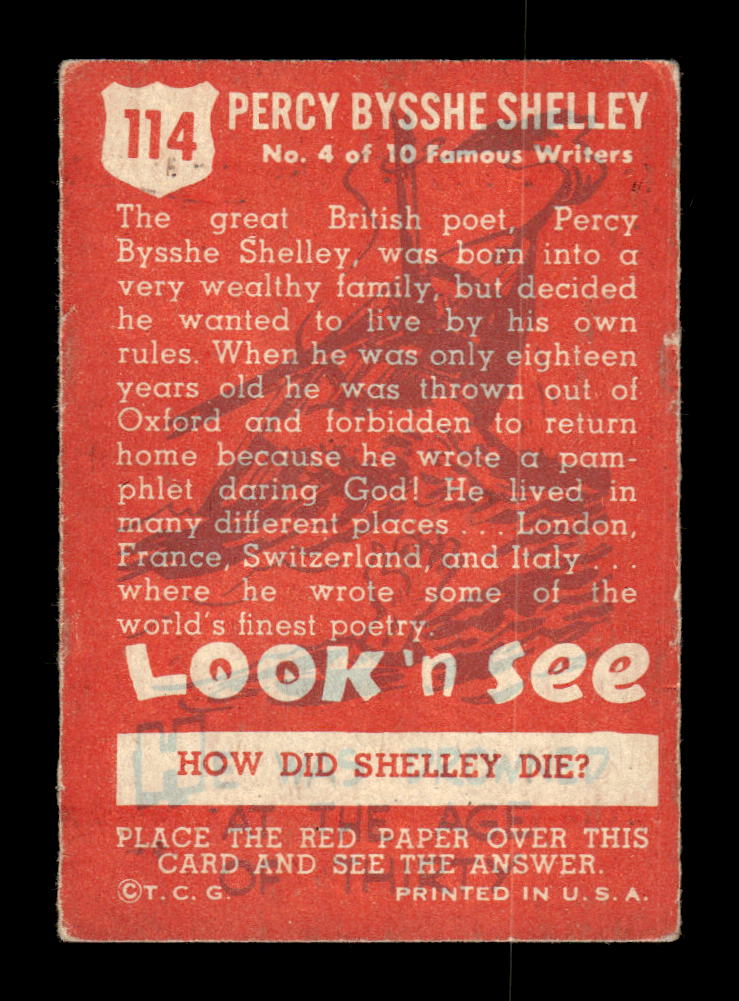 1952 Topps Look 'n See (R714-16) #114 Percy Bysshe Shelley Ex HOF-10002332
