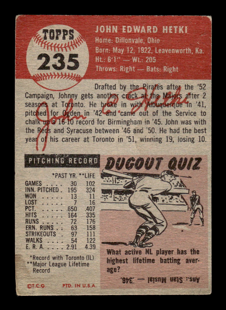 1953 Topps #235 John Hetki Very Good HOF-10002392