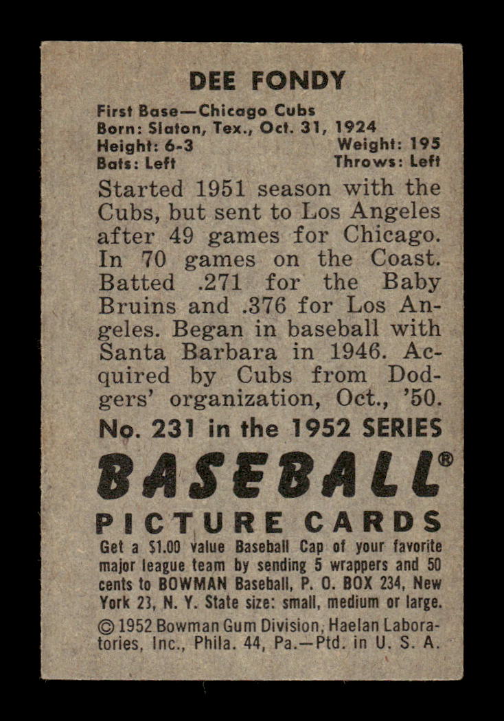 1952 Bowman #231 Dee Fondy Very Good HOF-10002430