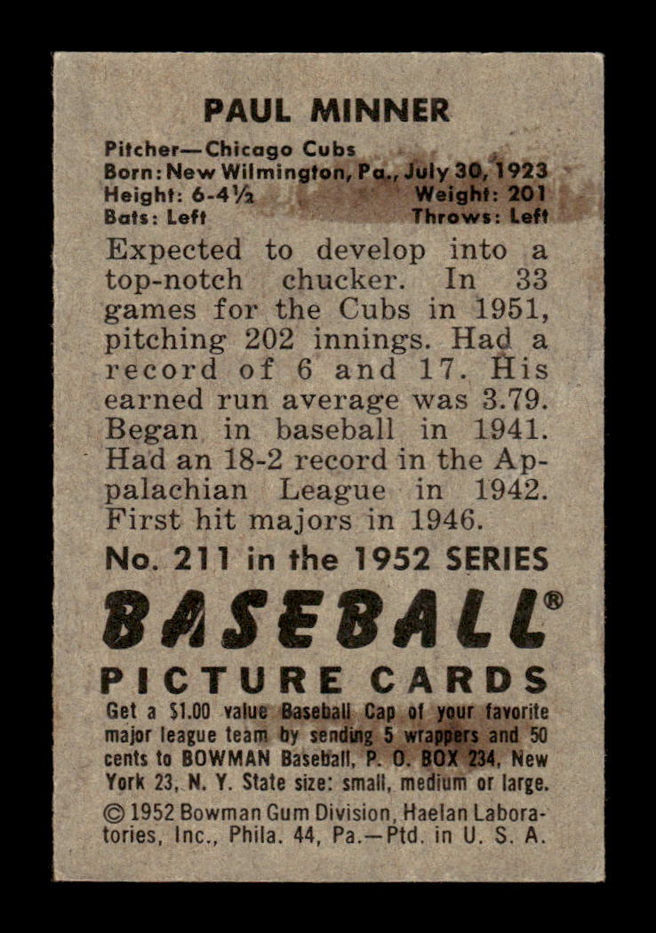 1952 Bowman #211 Paul Minner Very Good HOF-10002432