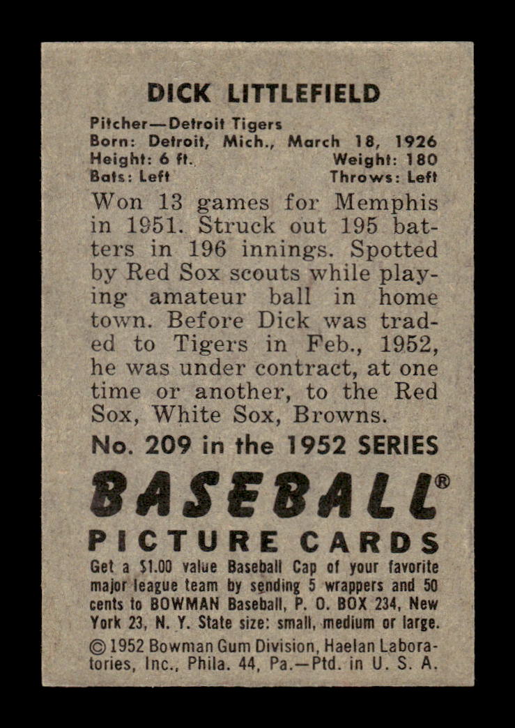 1952 Bowman #209 Dick Littlefield Very Good HOF-10002433