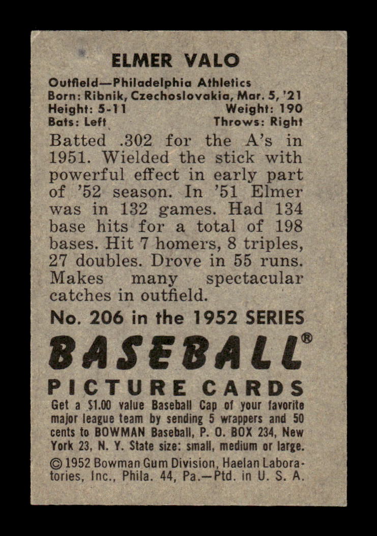 1952 Bowman #206 Elmer Valo Very Good HOF-10002434