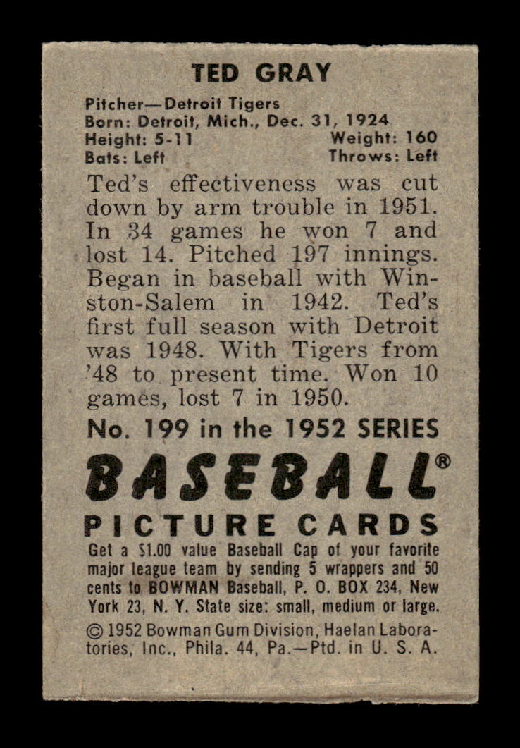 1952 Bowman #199 Ted Gray Very Good HOF-10002435