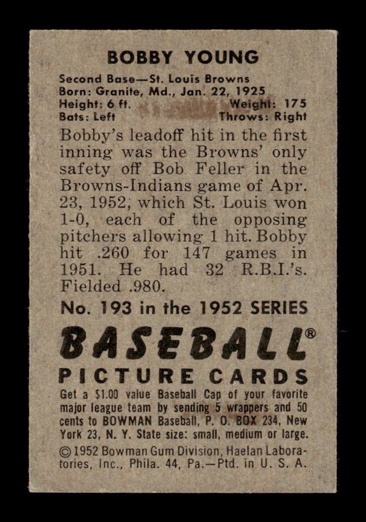 1952 Bowman #193 Bobby Young Very Good HOF-10002436