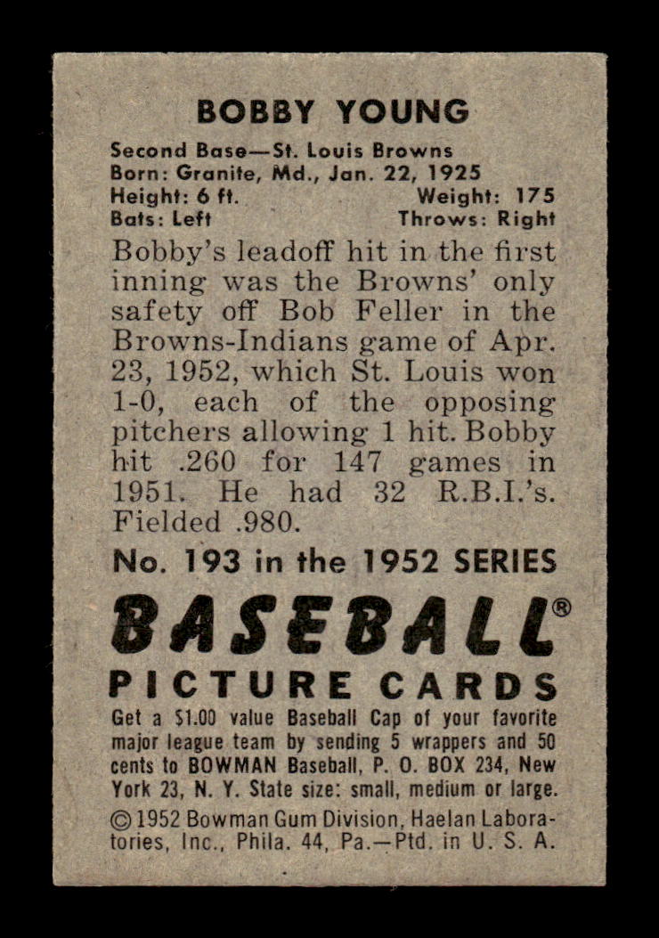 1952 Bowman #193 Bobby Young Very Good HOF-10002437