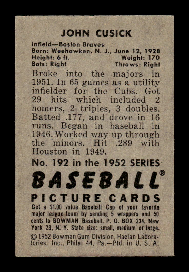 1952 Bowman #192 John Cusick Very Good HOF-10002438
