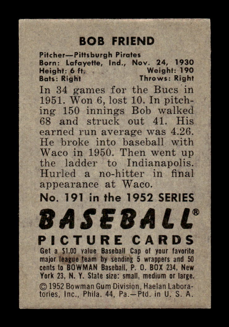 1952 Bowman #191 Bob Friend Very Good HOF-10002439