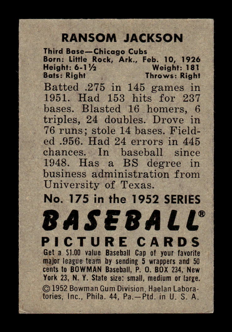 1952 Bowman #175 Ransom Jackson Very Good HOF-10002442