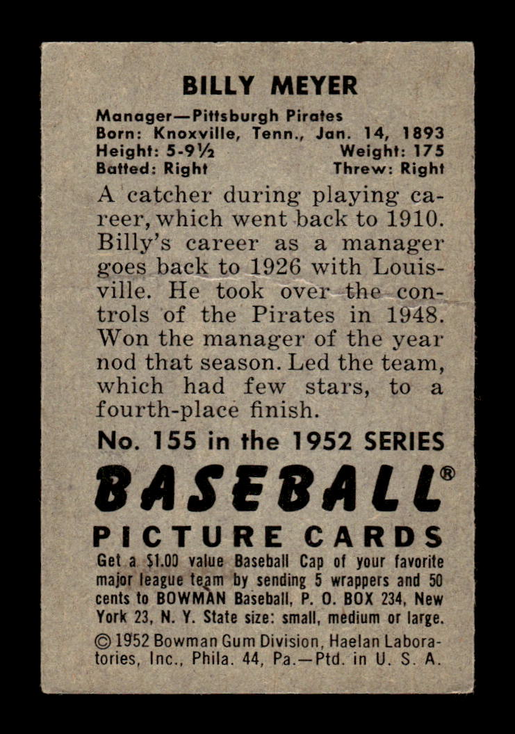 1952 Bowman #155 Billy Meyer Very Good HOF-10002446