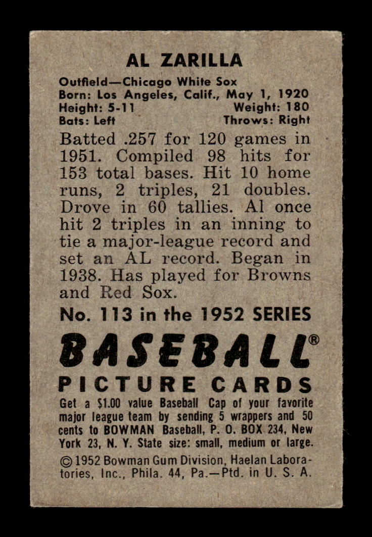 1952 Bowman #113 Al Zarilla Very Good HOF-10002455