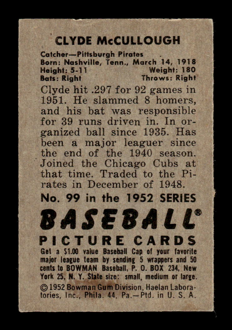 1952 Bowman #99 Clyde McCullough Very Good HOF-10002459