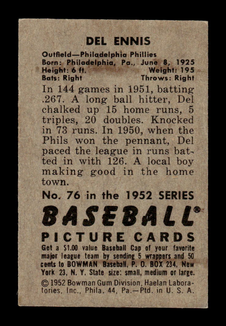1952 Bowman #76 Del Ennis Very Good HOF-10002468