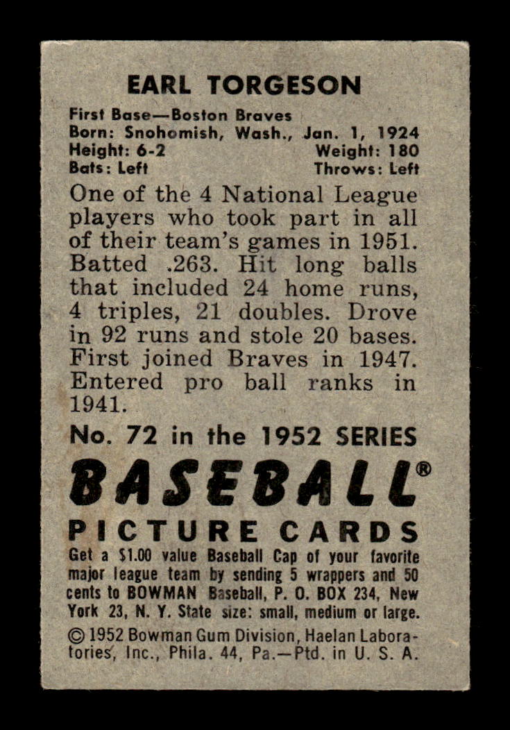 1952 Bowman #72 Earl Torgeson Very Good HOF-10002469