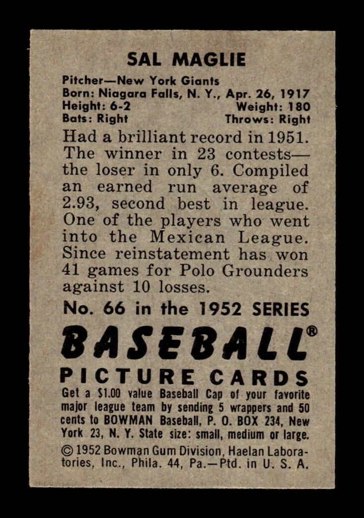 1952 Bowman #66 Sal Maglie Very Good HOF-10002470