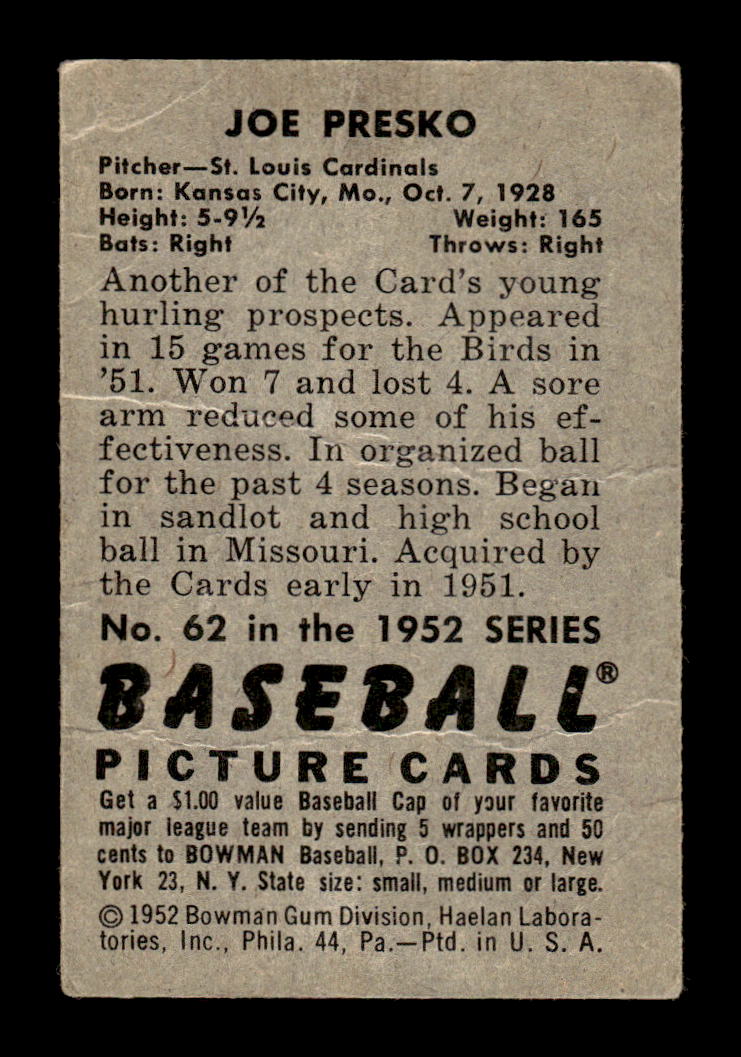 1952 Bowman #62 Joe Presko Very Good HOF-10002472