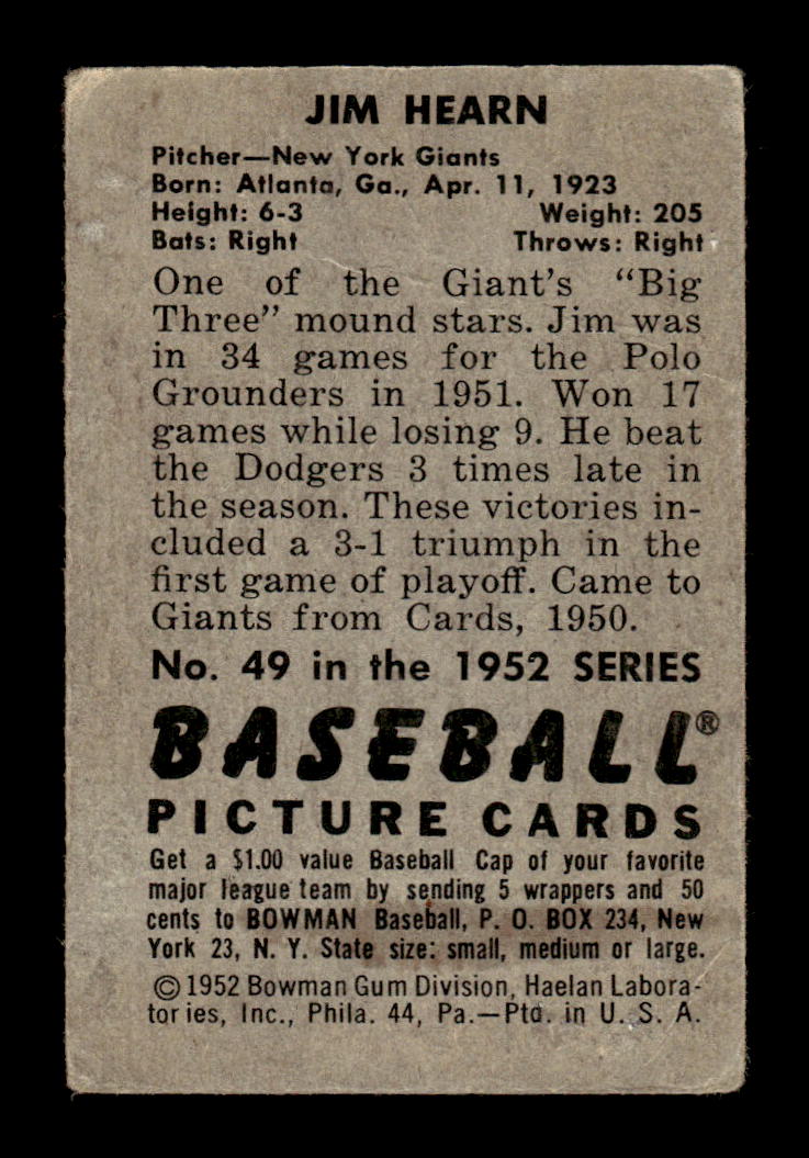 1952 Bowman #49 Jim Hearn Very Good HOF-10002479