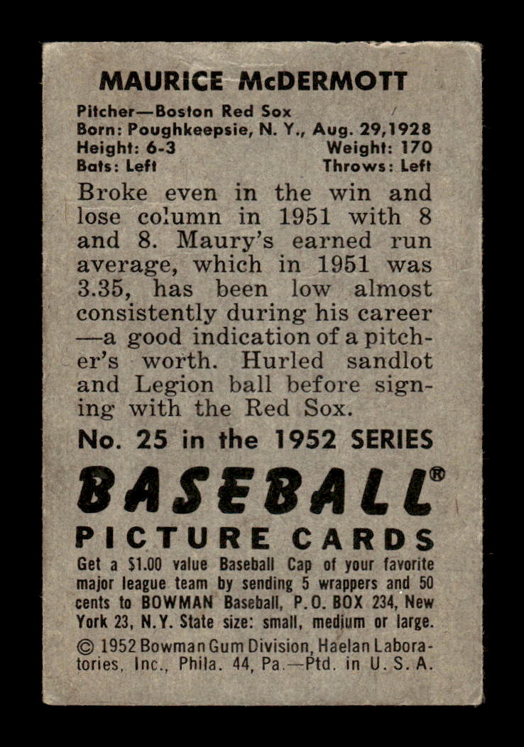 1952 Bowman #25 Maurice McDermott Very Good HOF-10002488