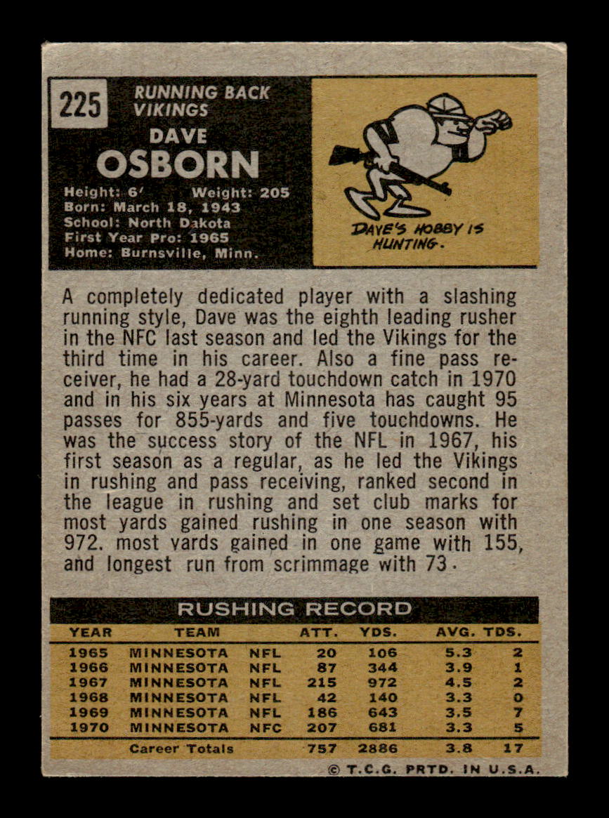 1971 Topps #225 Dave Osborn Very Good HOF-10002535
