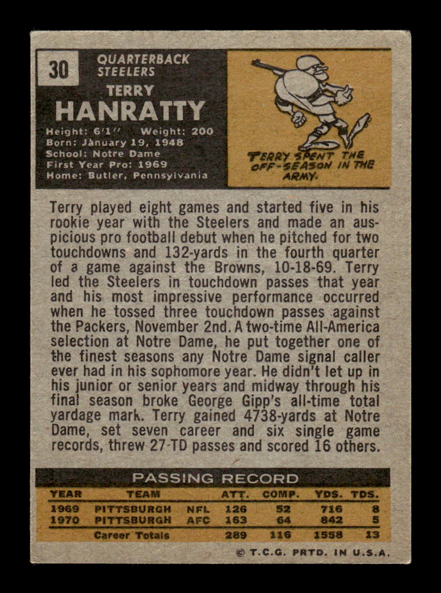 1971 Topps #30 Terry Hanratty Very Good HOF-10002539
