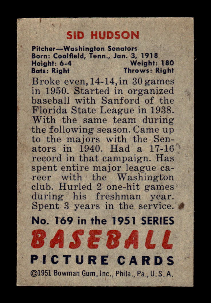 1951 Bowman #169 Sid Hudson Very Good HOF-10002680