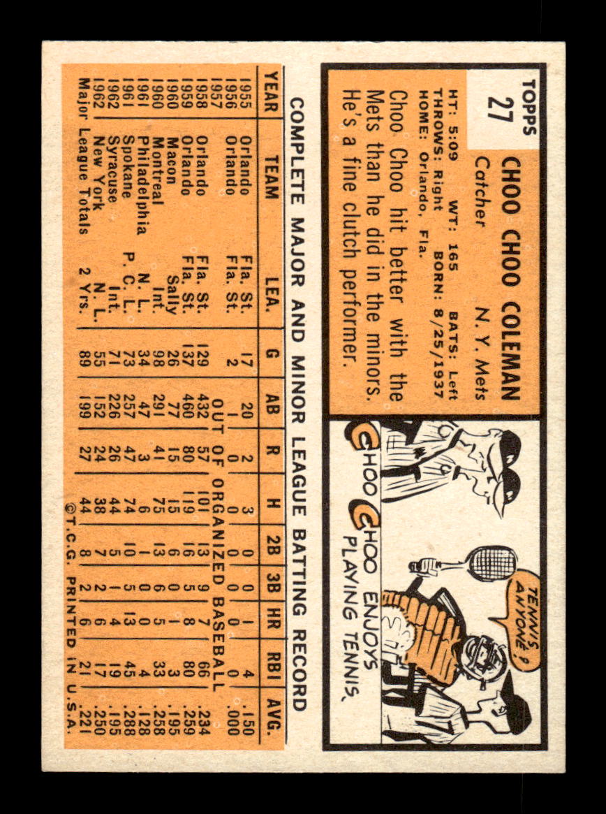 1963 Topps #27 Choo Choo Coleman Excellent HOF-10002705