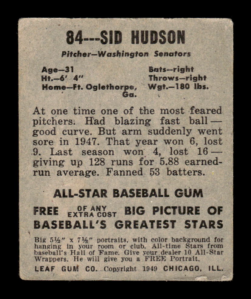 1948-49 Leaf #84 Sid Hudson Very Good HOF-10002889