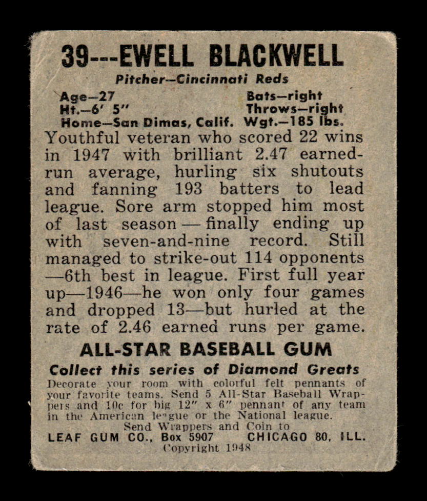 1948-49 Leaf #39 Ewell Blackwell Very Good HOF-10002894