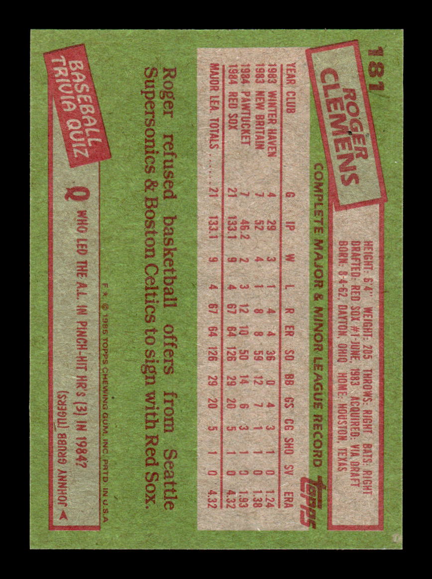 1985 Topps #181 Roger Clemens Near Mint or Better HOF-10003182