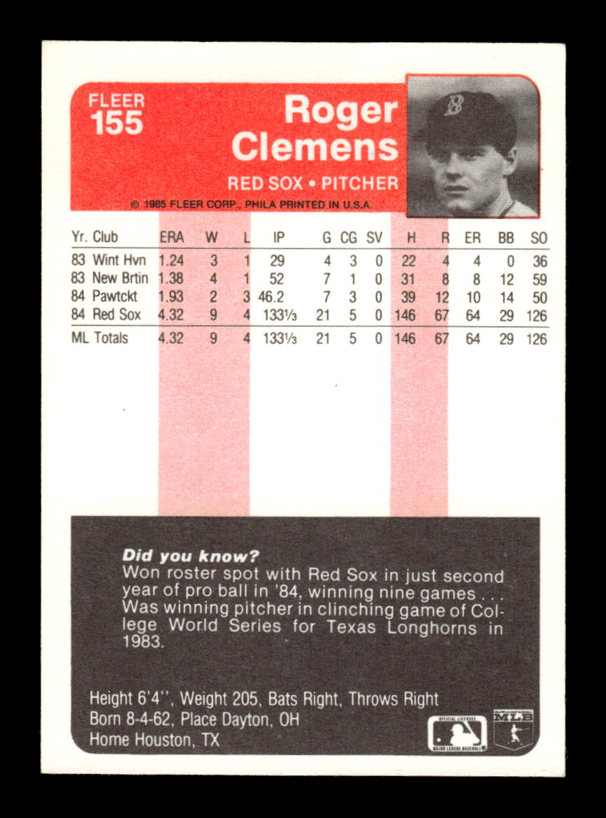 1985 Fleer #155 Roger Clemens Near Mint or Better HOF-10003184