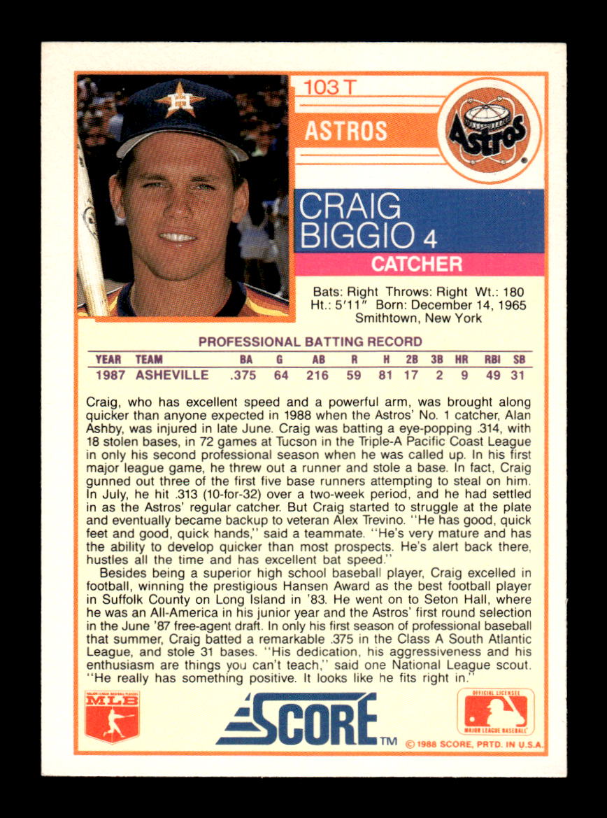 1988 Score Rookie & Traded #103T Craig Biggio Near Mint or Better HOF-10003225