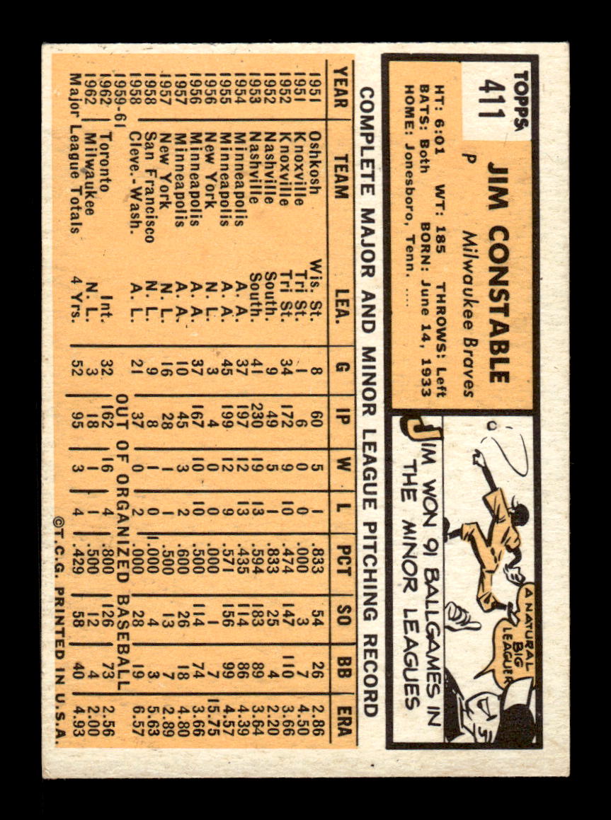 1963 Topps #411 Jim Constable Excellent HOF-10003240