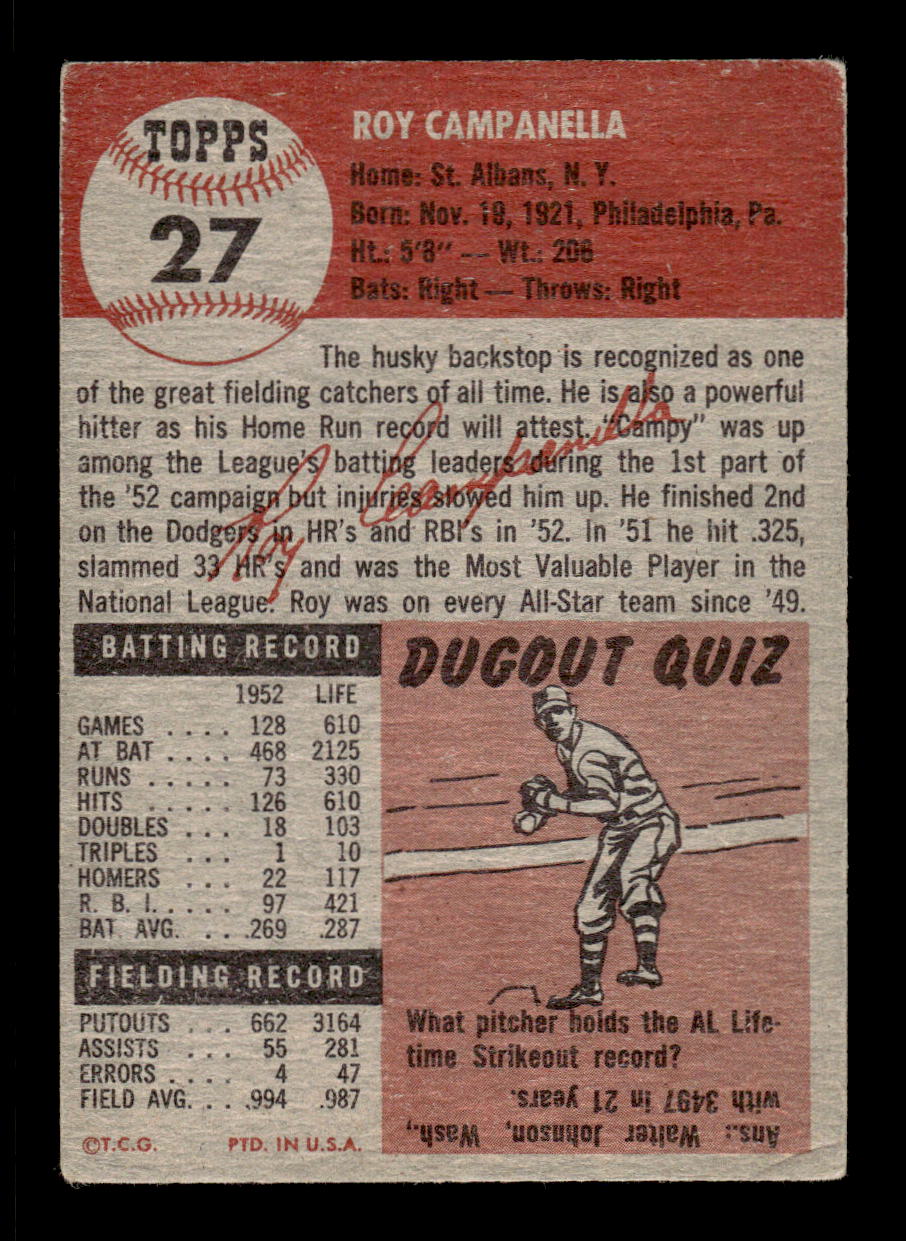 1953 Topps #27 Roy Campanella Very Good HOF-10003269