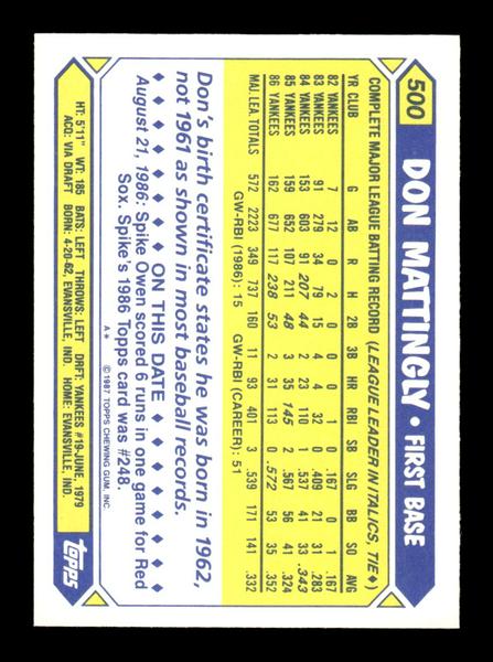 1987 Topps #500 Don Mattingly Collector's Edition Tiffany NM HOF-10003575